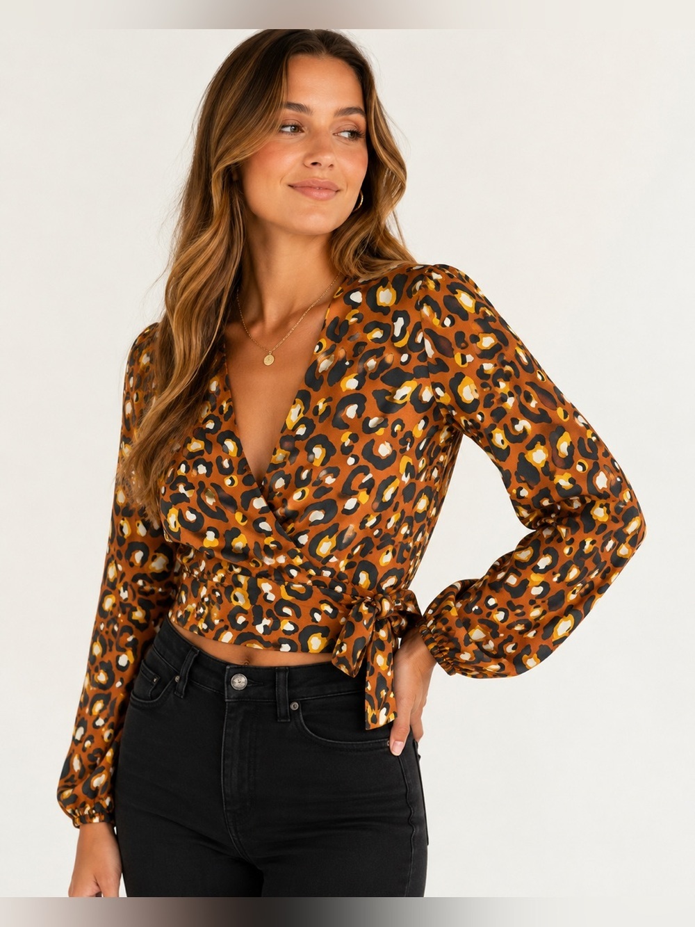 EXPRESS Leopard Print Wrap Crop Top - Brown XS Long Sleeve